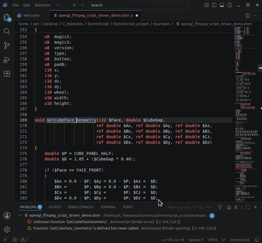 VS Codium showing a DominScript file with a yellow squiggle under an unused function definition on line 169 and a red error in the Problems panel for an unresolved call on line 334